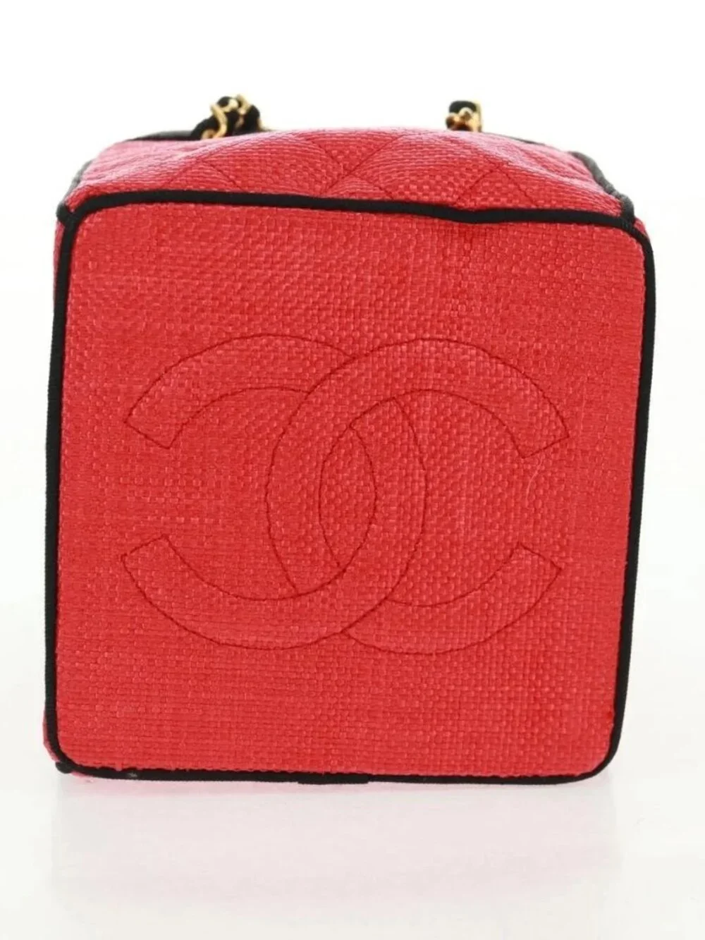 CHANEL Chain Hand Bag Raffia Red Gold CC Auth 162896V